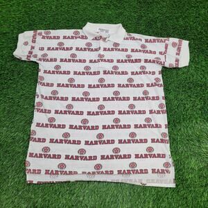 Vintage 90s Harvard University Polo Shirt 2XL 25x31 White Red AOP